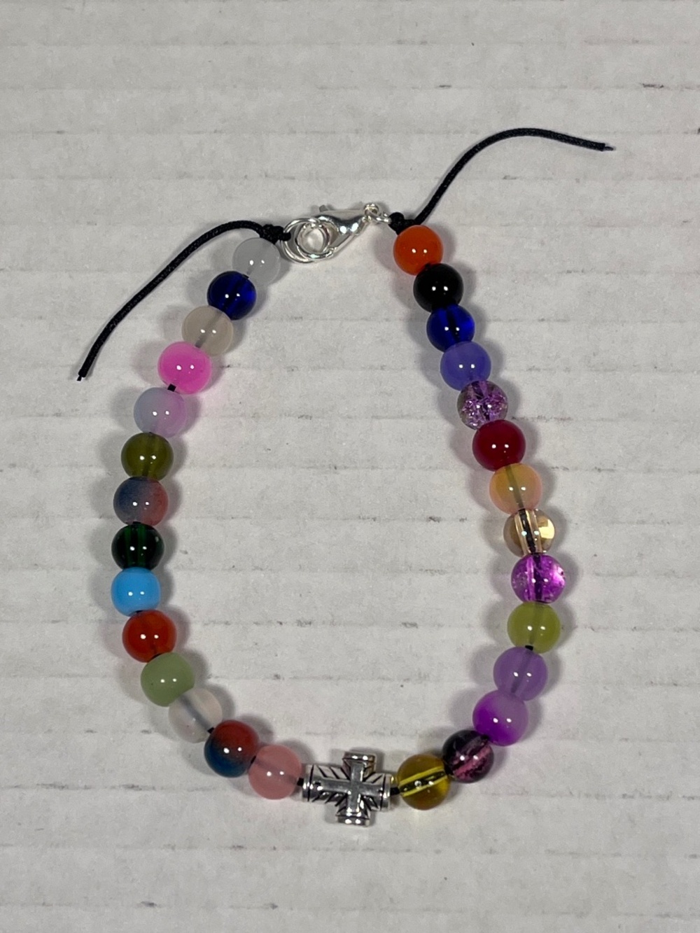 Mini Silver Cross Multi-Color Glass Bead Bracelet ~7.50 inches